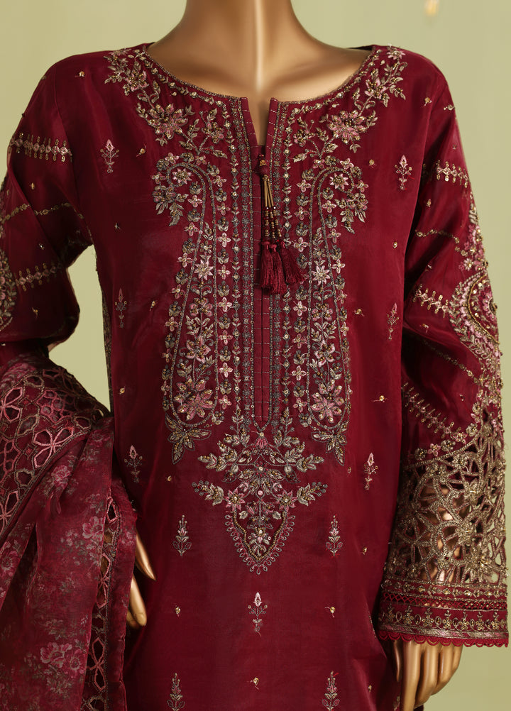 Falsafaa by HZ Textiles RTW Embroidered Organza 3 Piece Suit HZ26ULF HZK-238 Maroon - Festive Collection