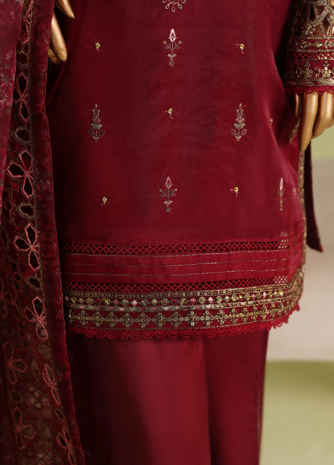 Falsafaa by HZ Textiles RTW Embroidered Organza 3 Piece Suit HZ26ULF HZK-238 Maroon - Festive Collection