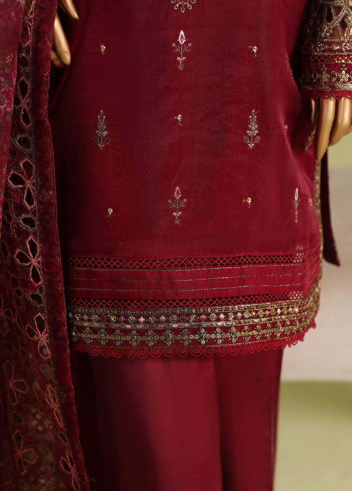 Falsafaa by HZ Textiles RTW Embroidered Organza 3 Piece Suit HZ26ULF HZK-238 Maroon - Festive Collection