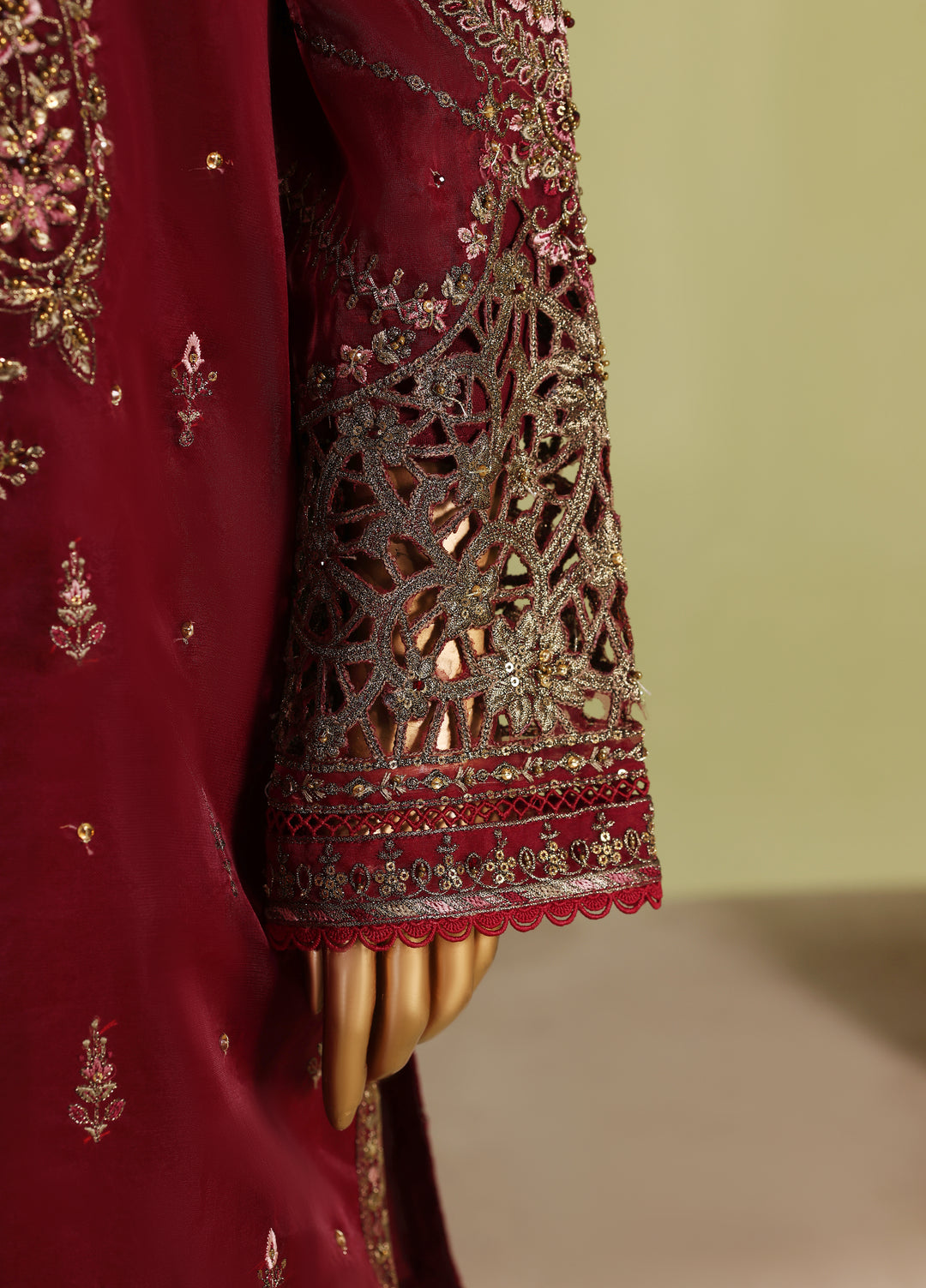 Falsafaa by HZ Textiles RTW Embroidered Organza 3 Piece Suit HZ26ULF HZK-238 Maroon - Festive Collection