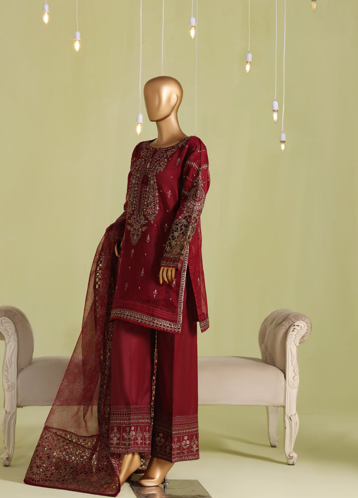 Falsafaa by HZ Textiles RTW Embroidered Organza 3 Piece Suit HZ26ULF HZK-238 Maroon - Festive Collection