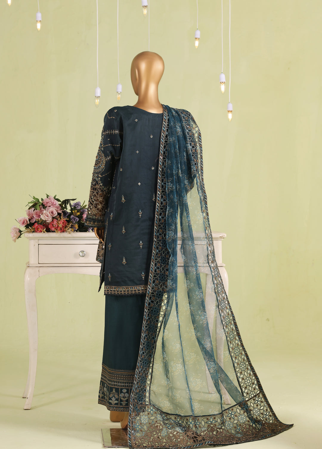 Falsafaa by HZ Textiles RTW Embroidered Organza 3 Piece Suit HZ26ULF HZK-238 M.Green - Festive Collection
