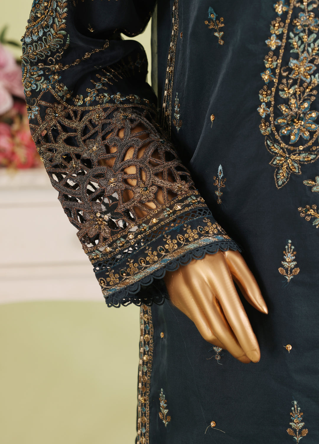 Falsafaa by HZ Textiles RTW Embroidered Organza 3 Piece Suit HZ26ULF HZK-238 M.Green - Festive Collection