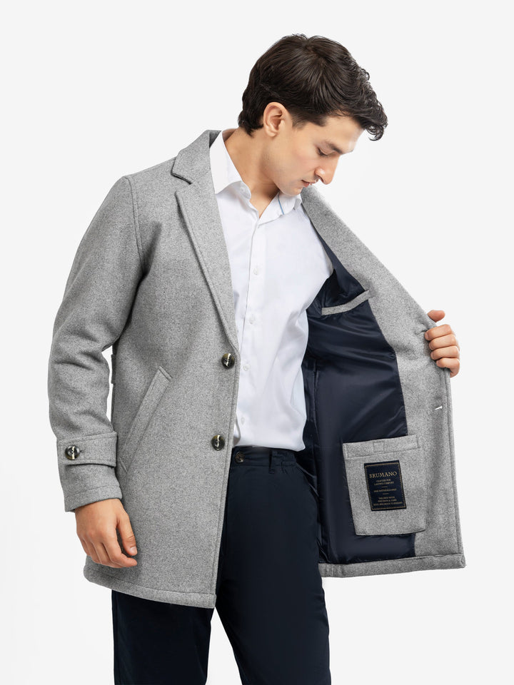 Brumano Mens RTW Solids Wool 1 Piece Heather Grey Blended Over Coat Winter Collection