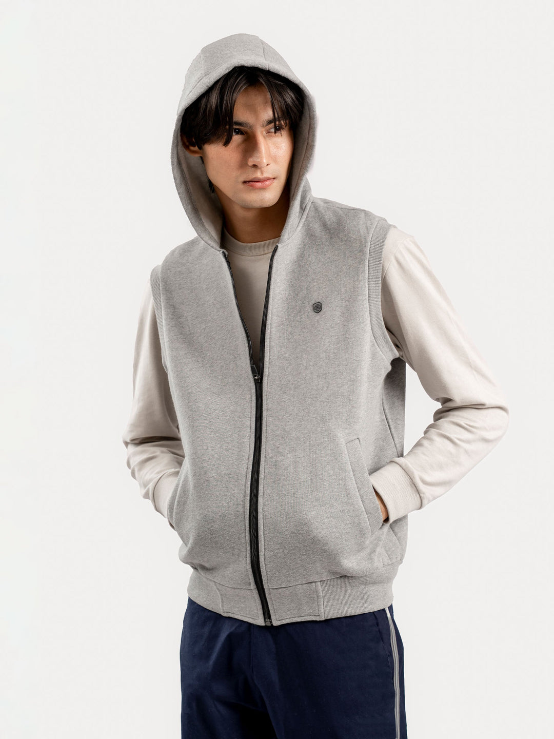 Heather Grey Sleeveless Zipper Jacket With Hoodie