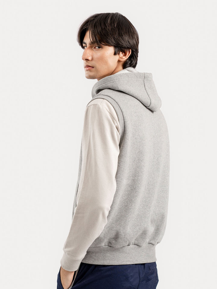 Brumano Solids Fleece Heather Grey Sleeveless Zipper Jacket With Hoodie - Winter Collection