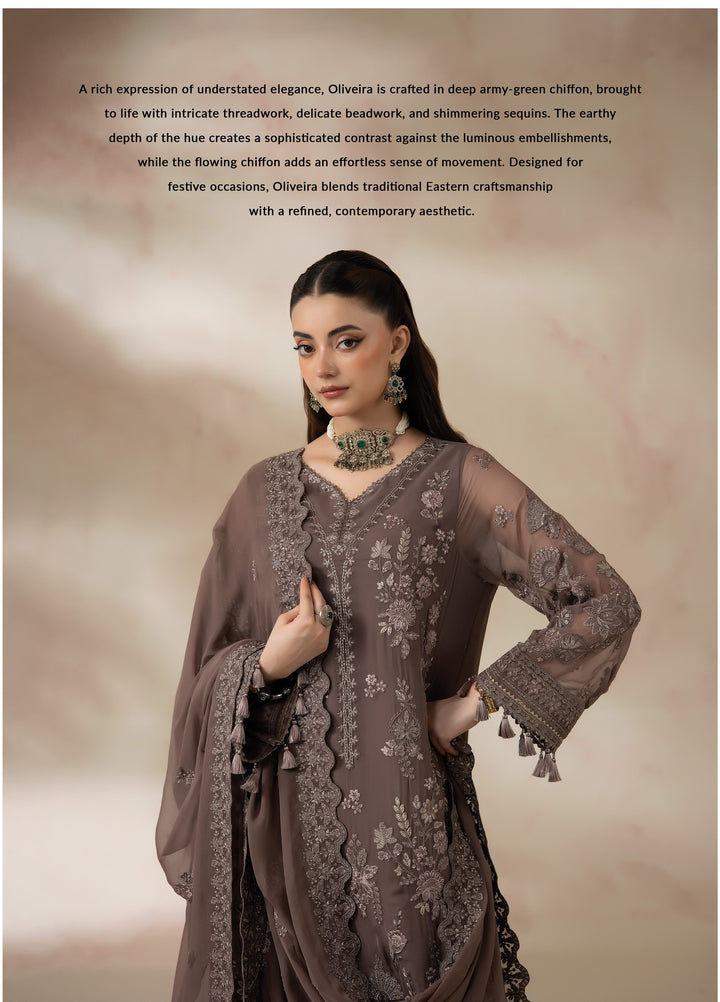 La Fiora by Imrozia Premium Unstitched Embroidered Chiffon 3 Piece Suit IP26ULC OLIVEIRA I-280 - Wedding Collection