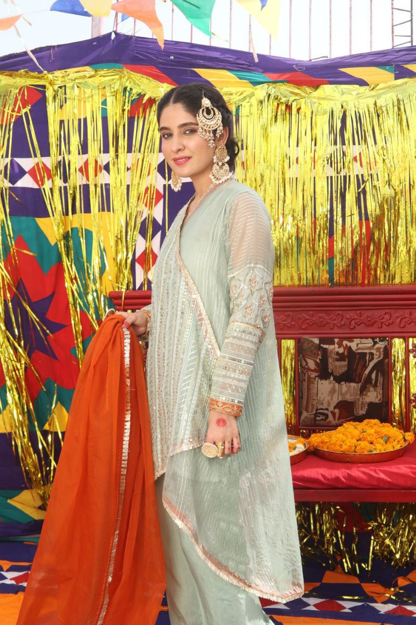 Senorita Women RTW Women Solids Light Green and Golden Formal 3 Piece Suit Pure Banarsi Organza Self Strip LDD-01889 - Winter Collection