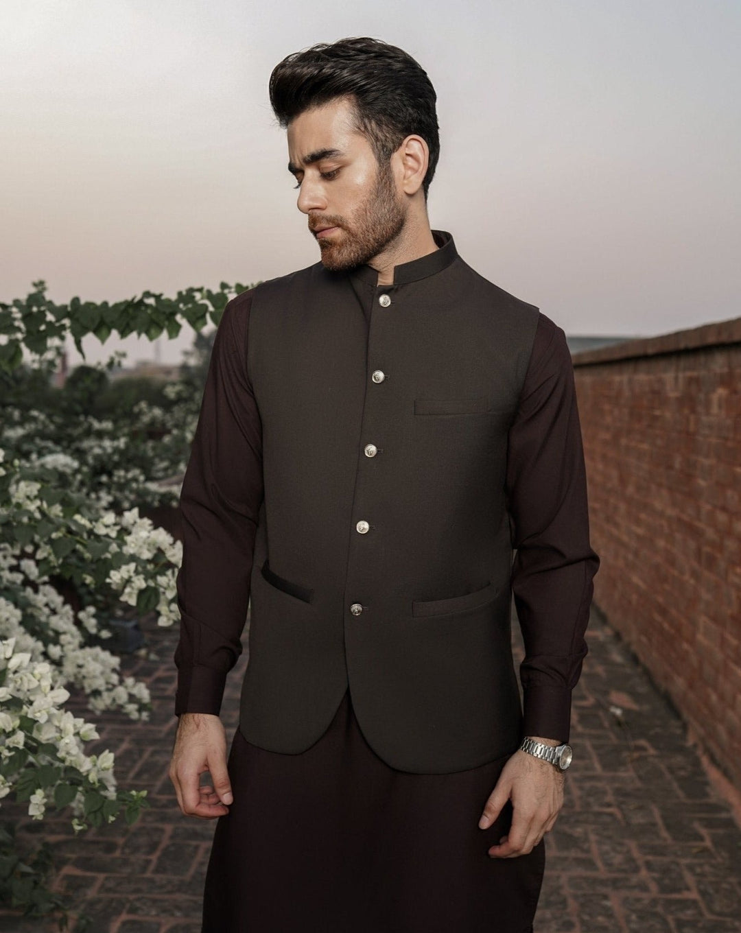 Muraqsh Ready To Wear Solids Cotton Men Dark Brown Suiting Waistcoat Round Cut MUR-DB- - Summer Collection