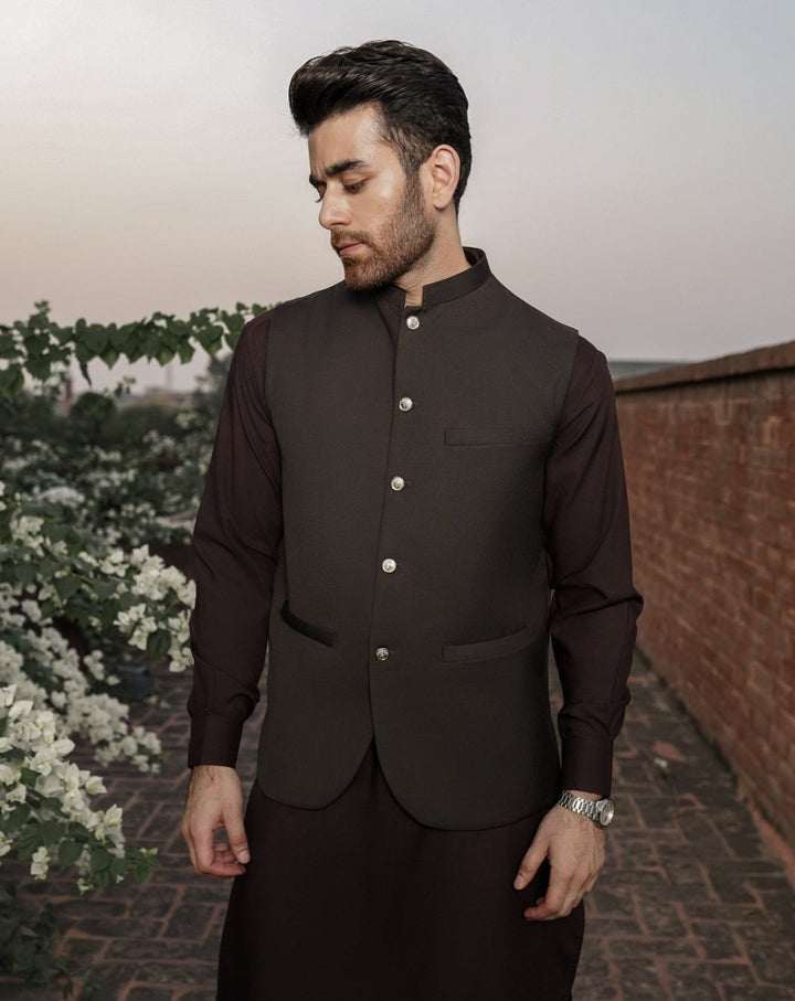 Muraqsh Ready To Wear Solids Cotton Men Dark Brown Suiting Waistcoat Round Cut MUR-DB- - Summer Collection