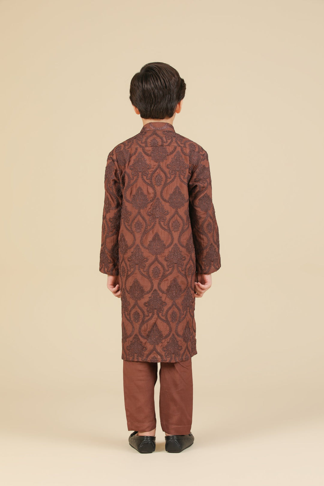 Muraqsh Ready To Wear Embroidered Silk Boys Faris Cocoa Brown Kurta Trouser MUR-F-CBR - Winter Collection