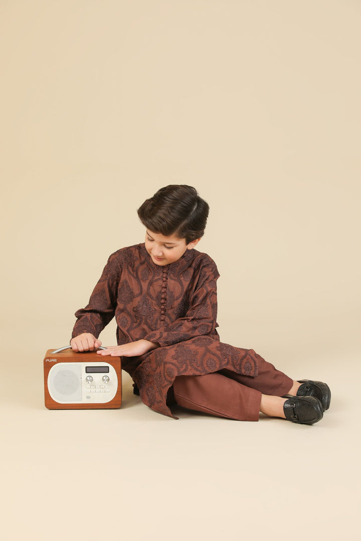 Muraqsh Ready To Wear Embroidered Silk Boys Faris Cocoa Brown Kurta Trouser MUR-F-CBR - Winter Collection