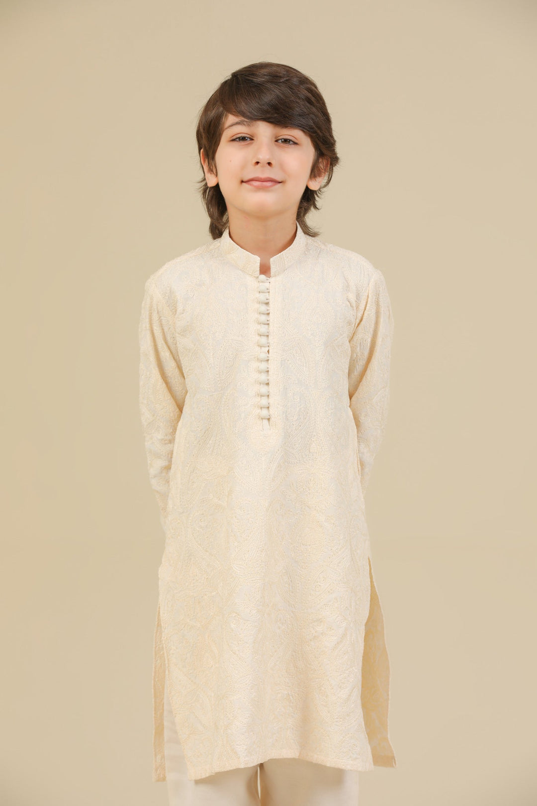 Muraqsh Ready To Wear Embroidered Bosky Boys Andaz Bosky White Kurta Trouser MUR-A-BWR - Summer Collection
