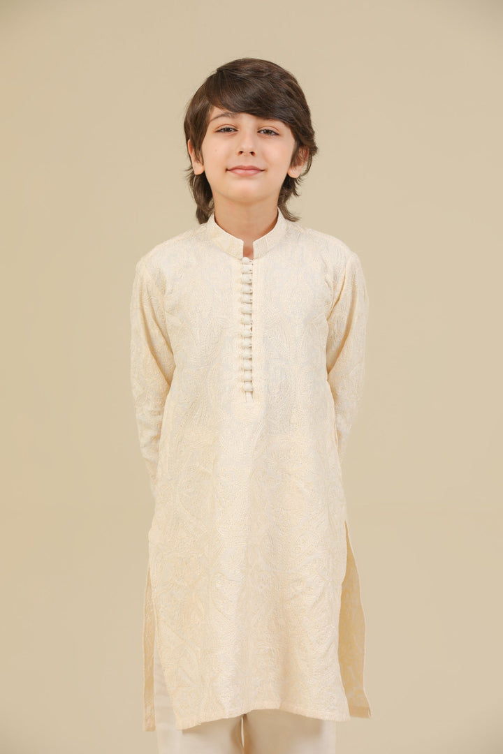 Muraqsh Ready To Wear Embroidered Bosky Boys Andaz Bosky White Kurta Trouser MUR-A-BWR - Summer Collection