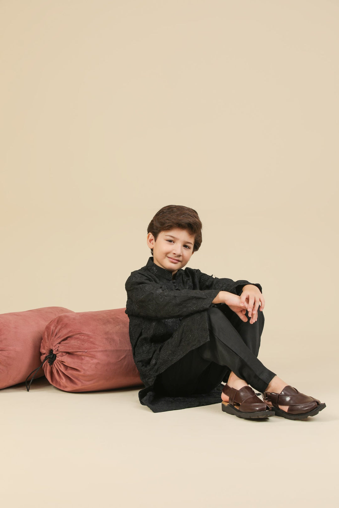 Muraqsh Ready To Wear Embroidered Silk Boys Zauq Black Kurta Trouser MUR-Z-BRS - Winter Collection