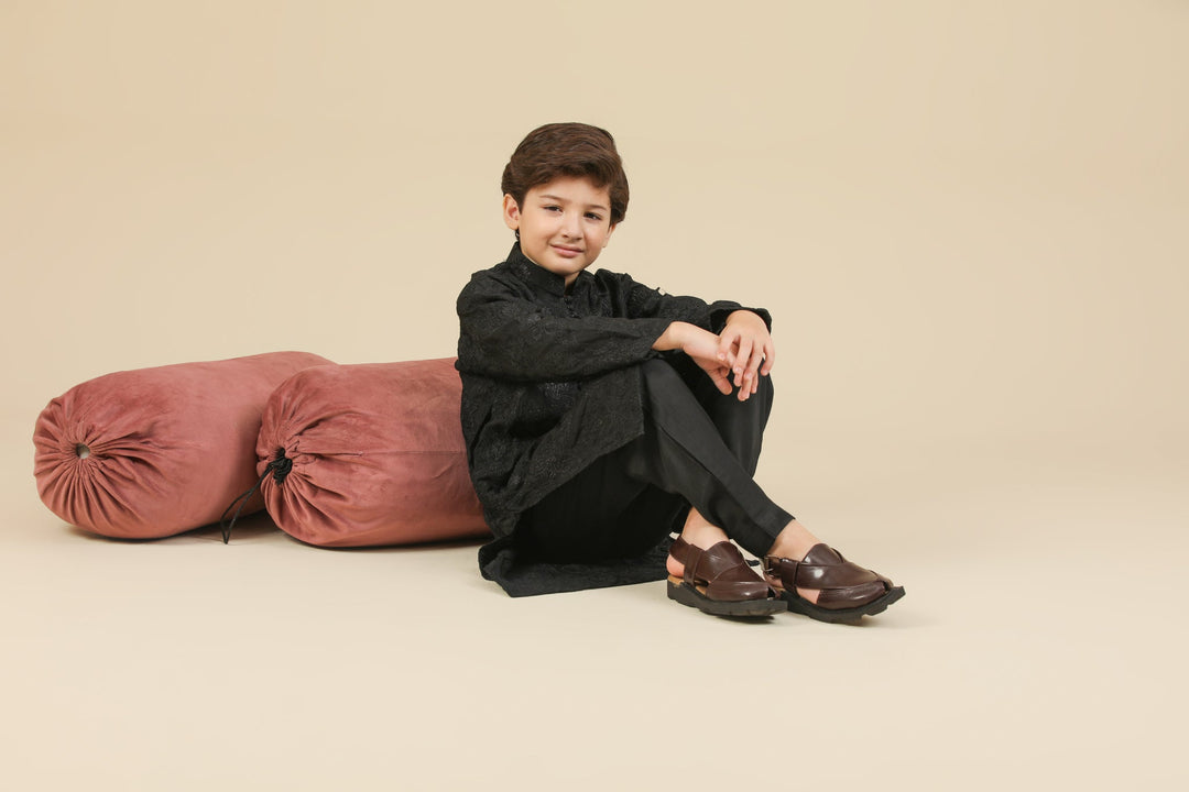 Muraqsh Ready To Wear Embroidered Silk Boys Zauq Black Kurta Trouser MUR-Z-BRS - Winter Collection