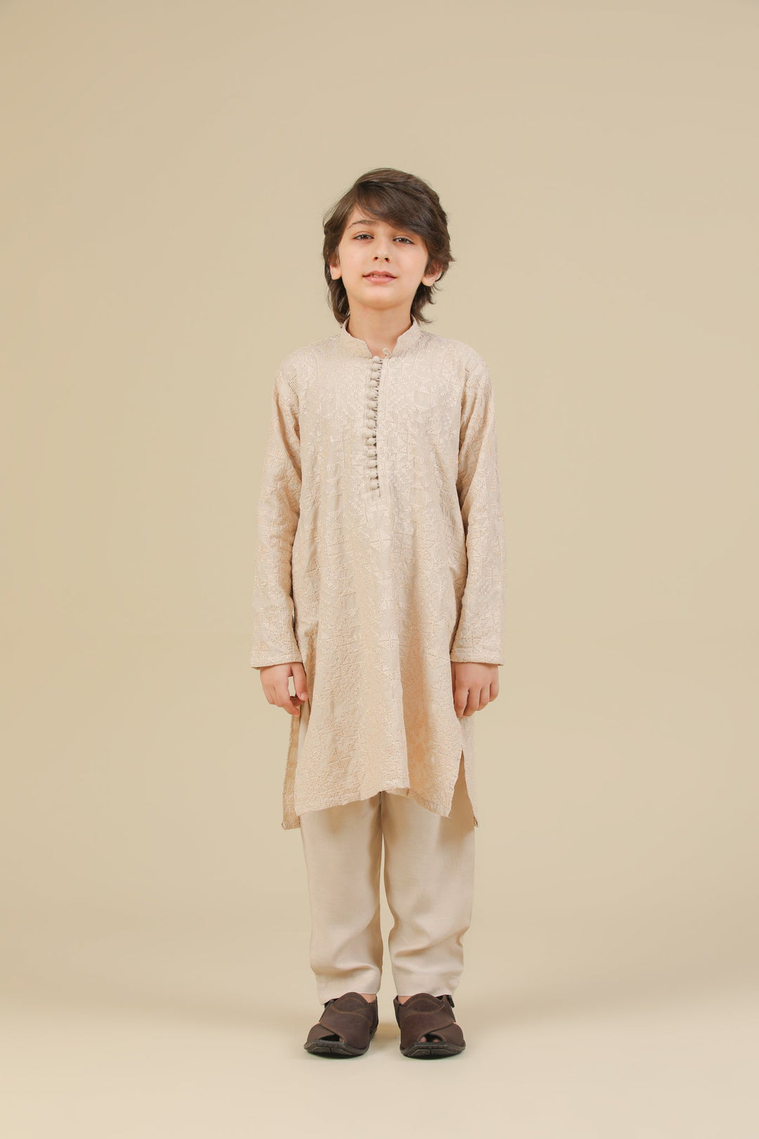 Muraqsh Ready To Wear Embroidered Silk Boys Tabir Beige Kurta Trouser MUR-T-BRS - Summer Collection