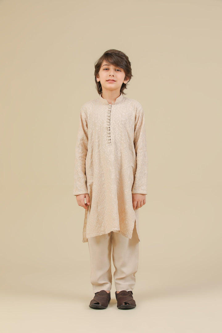Muraqsh Ready To Wear Embroidered Silk Boys Tabir Beige Kurta Trouser MUR-T-BRS - Summer Collection