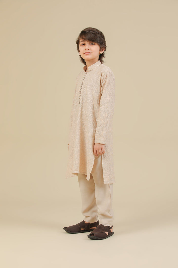 Muraqsh Ready To Wear Embroidered Silk Boys Tabir Beige Kurta Trouser MUR-T-BRS - Summer Collection