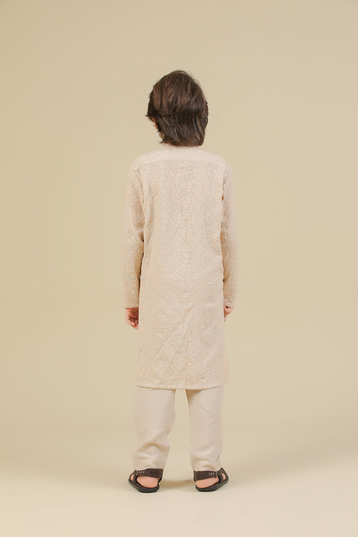 Muraqsh Ready To Wear Embroidered Silk Boys Tabir Beige Kurta Trouser MUR-T-BRS - Summer Collection