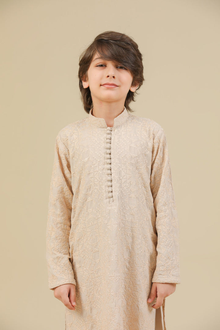 Muraqsh Ready To Wear Embroidered Silk Boys Tabir Beige Kurta Trouser MUR-T-BRS - Summer Collection