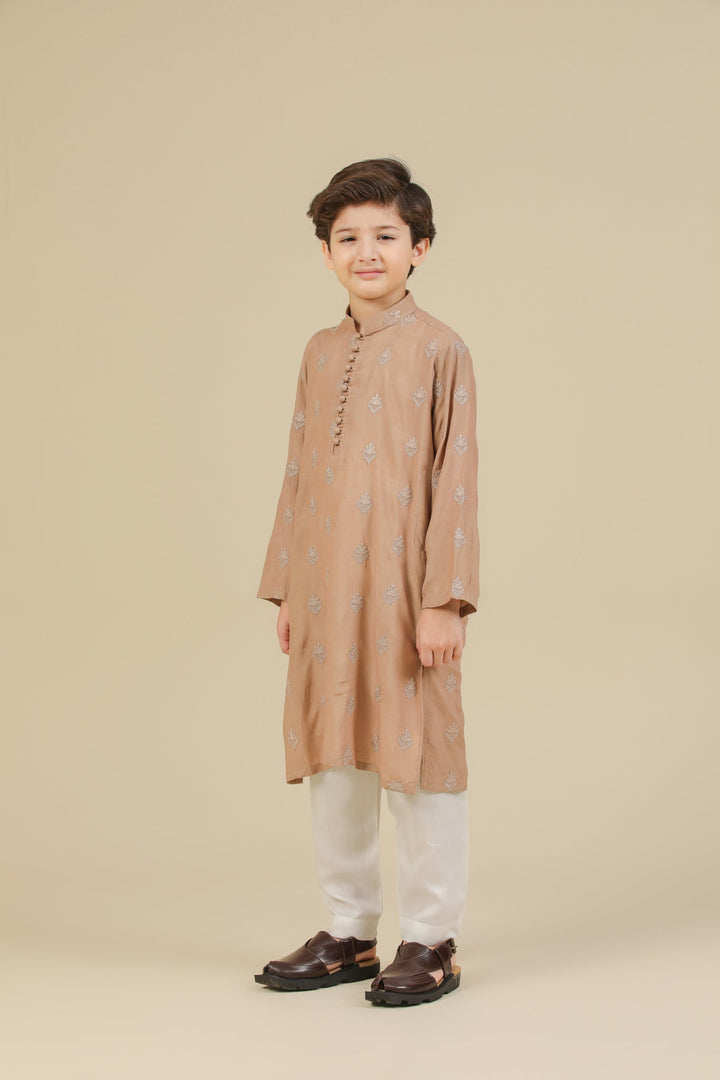 Muraqsh Ready To Wear Embroidered Silk Boys Mehrab Sandstone Kurta Trouser MURRS - Winter Collection