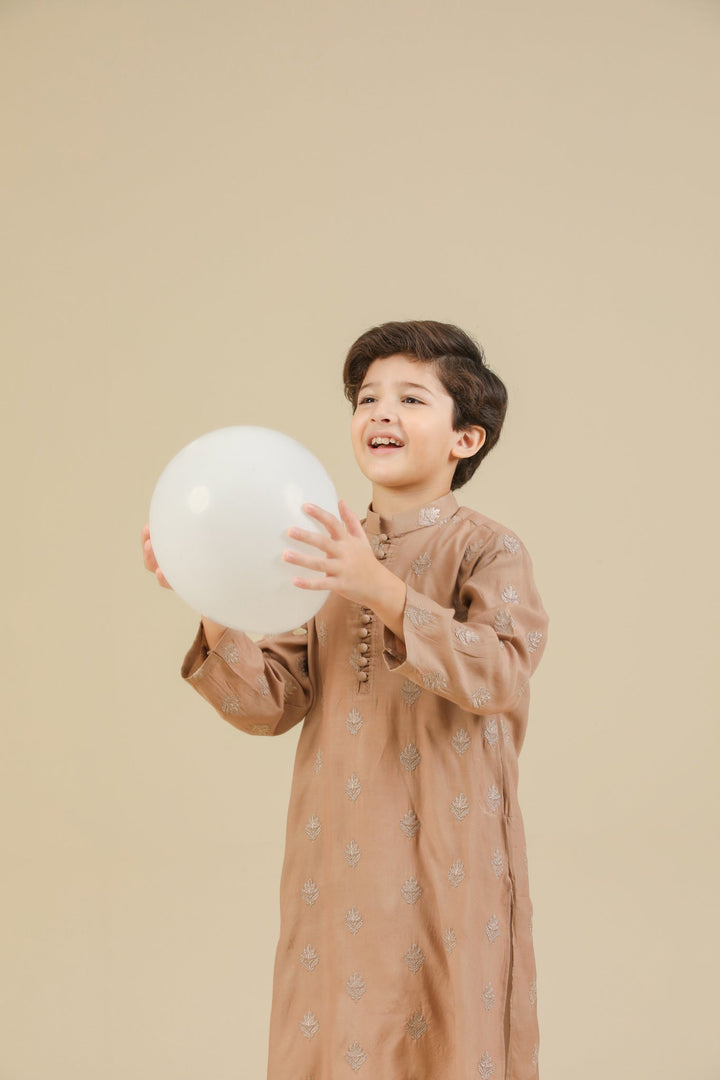 Muraqsh Ready To Wear Embroidered Silk Boys Mehrab Sandstone Kurta Trouser MURRS - Winter Collection