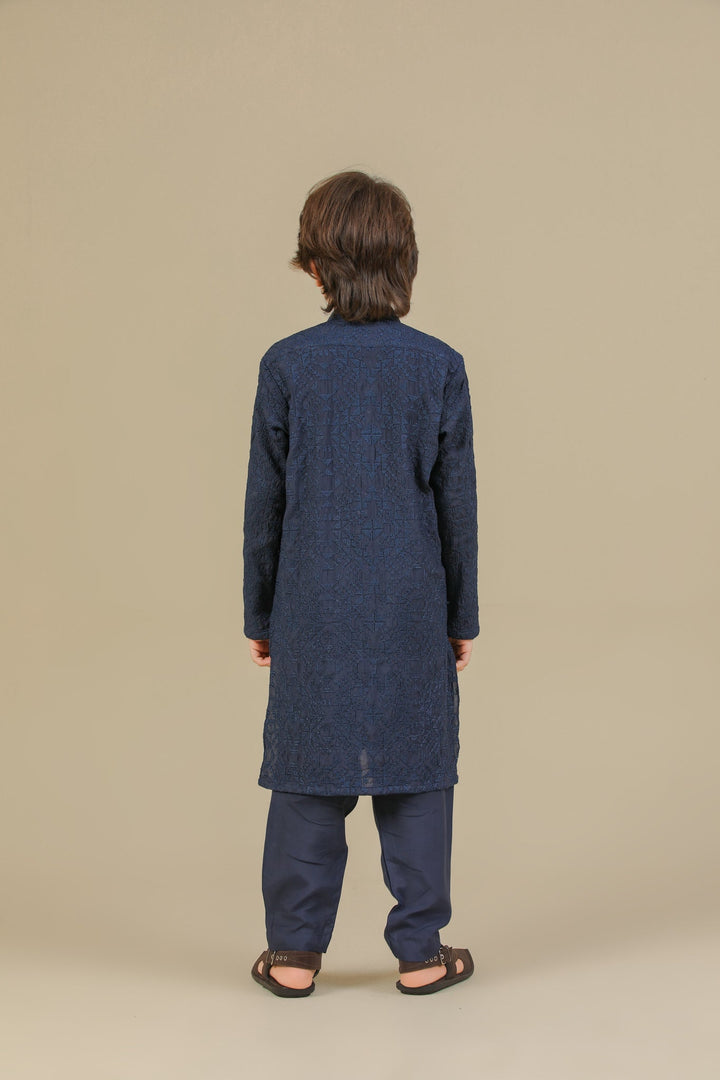 Muraqsh Ready To Wear Embroidered Silk Boys Feroz Dark Blue Kurta Trouser MUR-F-DBR - Winter Collection