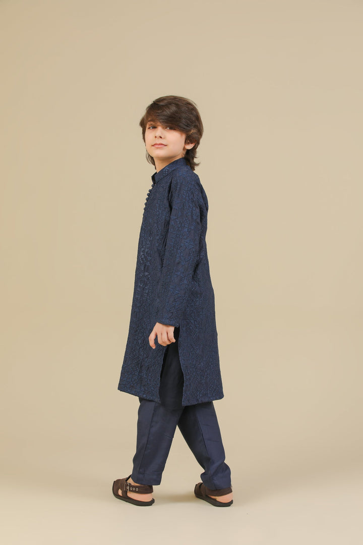 Muraqsh Ready To Wear Embroidered Silk Boys Feroz Dark Blue Kurta Trouser MUR-F-DBR - Winter Collection