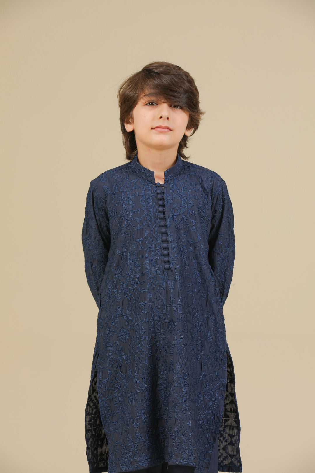 Muraqsh Ready To Wear Embroidered Silk Boys Feroz Dark Blue Kurta Trouser MUR-F-DBR - Winter Collection