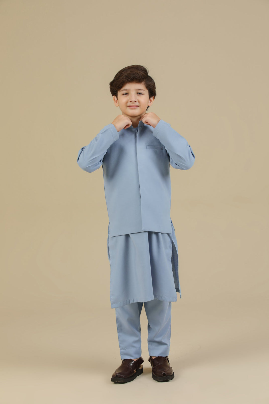 Muraqsh Ready To Wear Solids Cotton Boys Sapphire Blue Kurta Trouser with Blended Waistcoat MUR-PBKTW - Summer Collection