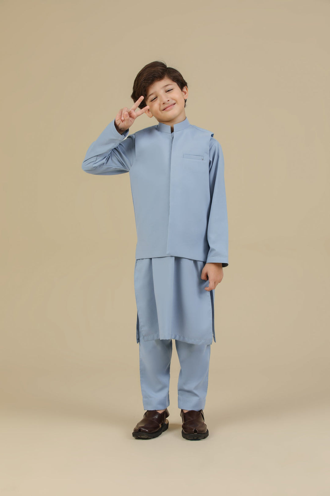 Muraqsh Ready To Wear Solids Cotton Boys Sapphire Blue Kurta Trouser with Blended Waistcoat MUR-PBKTW - Summer Collection