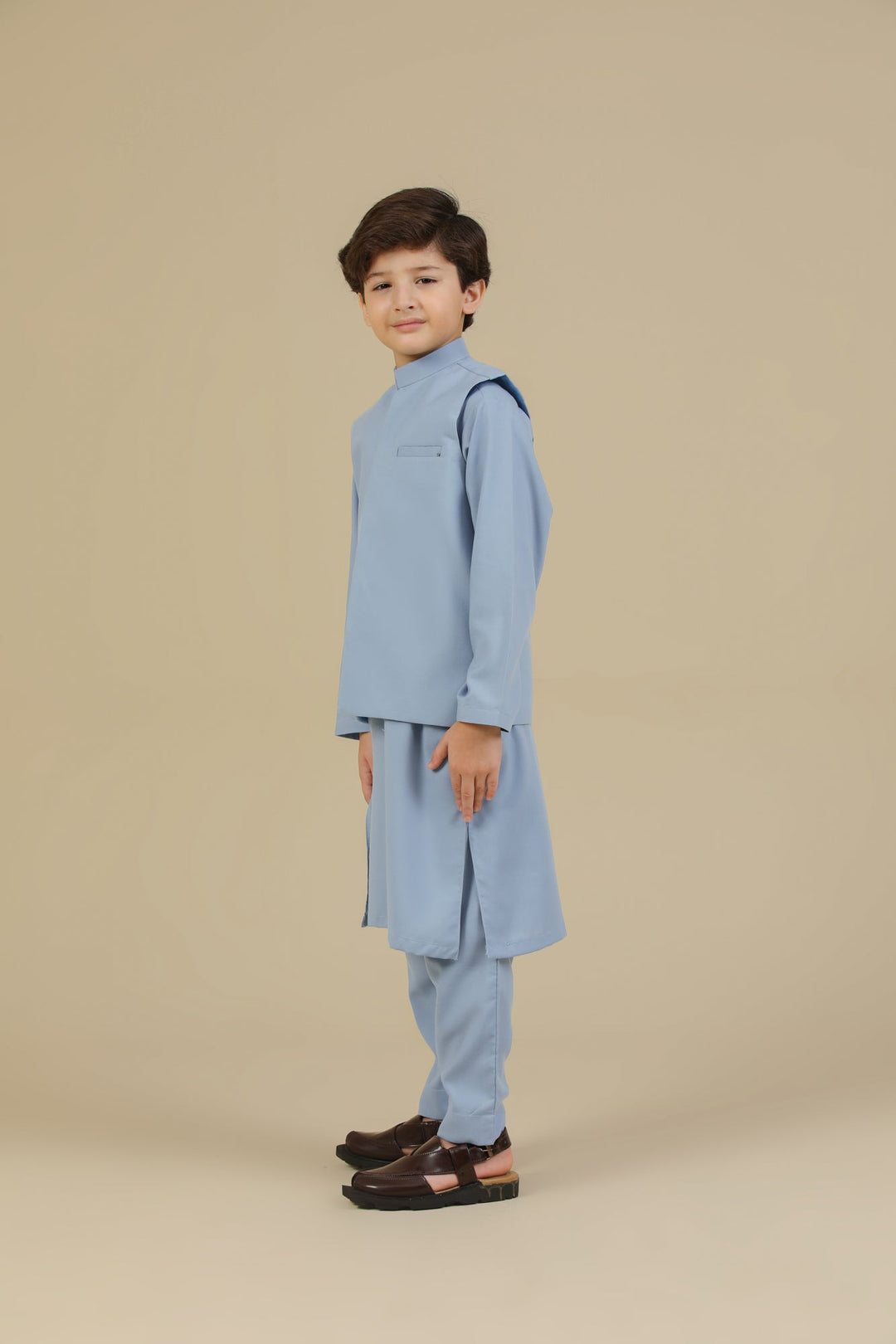Muraqsh Ready To Wear Solids Cotton Boys Sapphire Blue Kurta Trouser with Blended Waistcoat MUR-PBKTW - Summer Collection