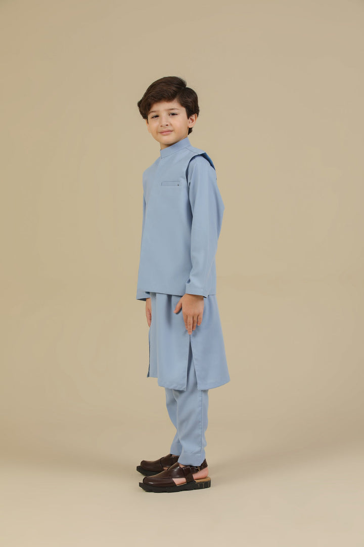 Muraqsh Ready To Wear Solids Cotton Boys Sapphire Blue Kurta Trouser with Blended Waistcoat MUR-PBKTW - Summer Collection