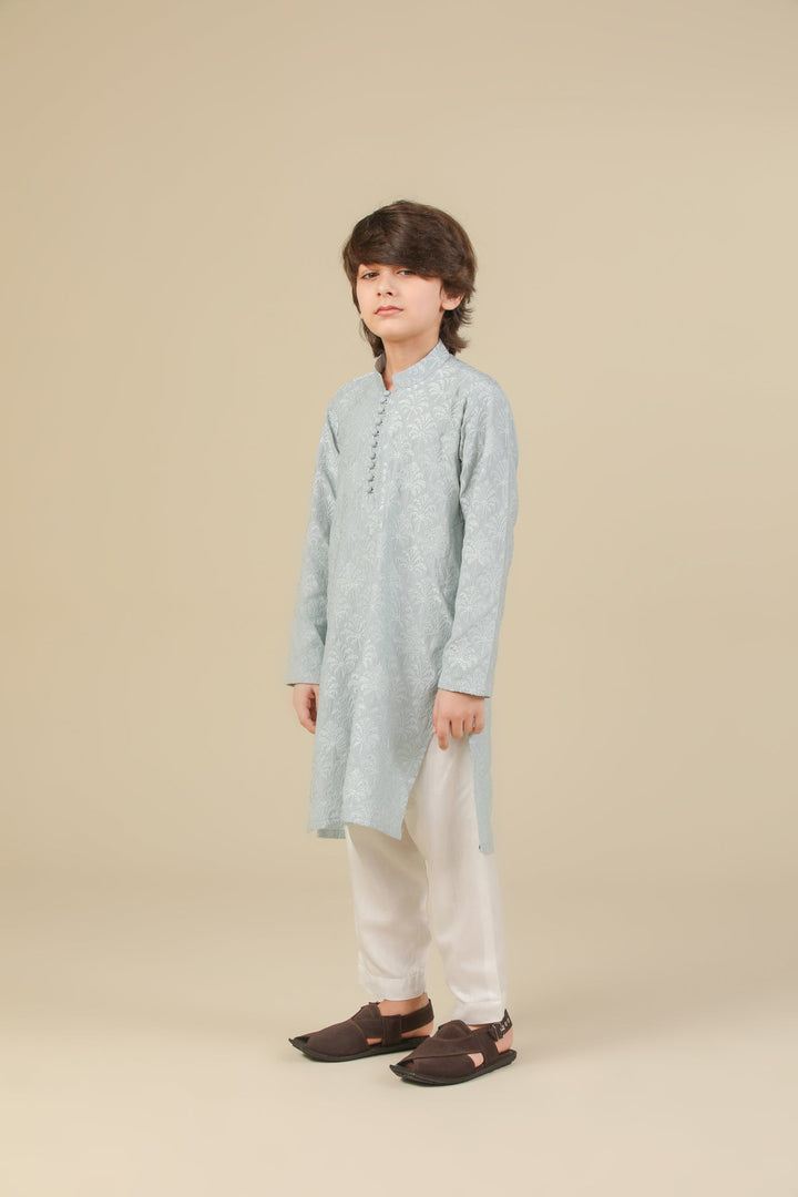 Muraqsh Ready To Wear Embroidered Silk Boys Abroo Ice Blue Kurta Trouser MUR-A-IBR - Winter Collection