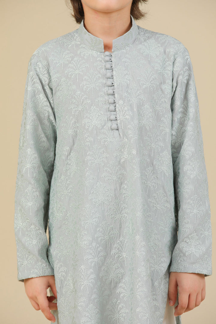 Muraqsh Ready To Wear Embroidered Silk Boys Abroo Ice Blue Kurta Trouser MUR-A-IBR - Winter Collection
