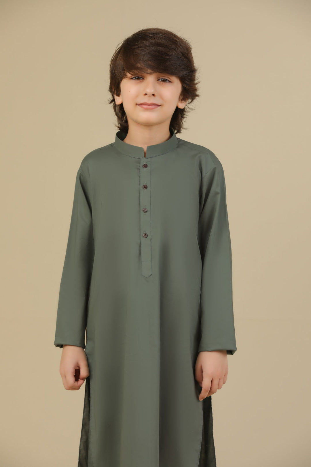 Muraqsh Ready To Wear Solids Cotton Boys Army Green Kurta Trouser MUR-GSCKTY - Summer Collection