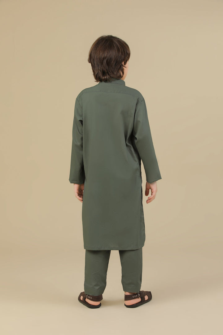 Muraqsh Ready To Wear Solids Cotton Boys Army Green Kurta Trouser MUR-GSCKTY - Summer Collection