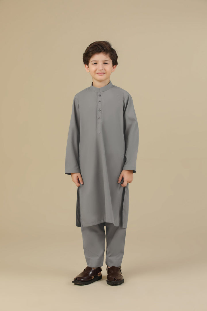 Muraqsh Ready To Wear Solids Cotton Boys Sand Grey Blended Kurta Trouser MURGKT - Summer Collection