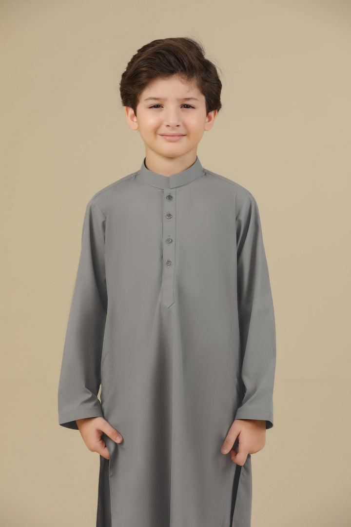 Muraqsh Ready To Wear Solids Cotton Boys Sand Grey Blended Kurta Trouser MURGKT - Summer Collection