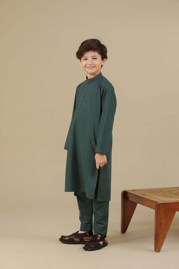 Muraqsh Ready To Wear Solids Cotton Boys Bottle Green Blended Kurta Trouser MUR-BGBKT - Summer Collection