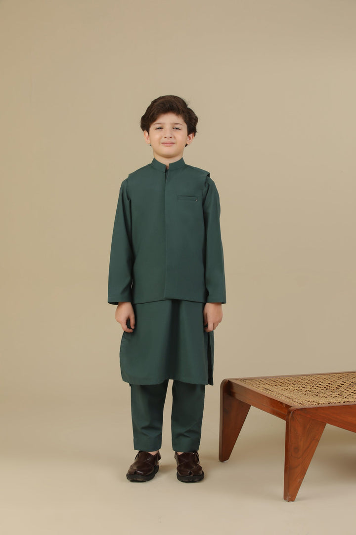 Muraqsh Ready To Wear Solids Cotton Boys Bottle Green Kurta Trouser with Blended Waistcoat MUR-BGKTW - Summer Collection