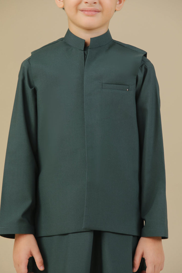 Muraqsh Ready To Wear Solids Cotton Boys Bottle Green Kurta Trouser with Blended Waistcoat MUR-BGKTW - Summer Collection