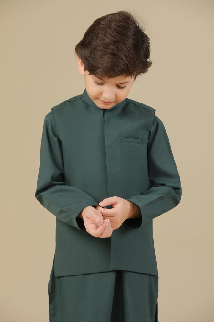 Muraqsh Ready To Wear Solids Cotton Boys Bottle Green Kurta Trouser with Blended Waistcoat MUR-BGKTW - Summer Collection