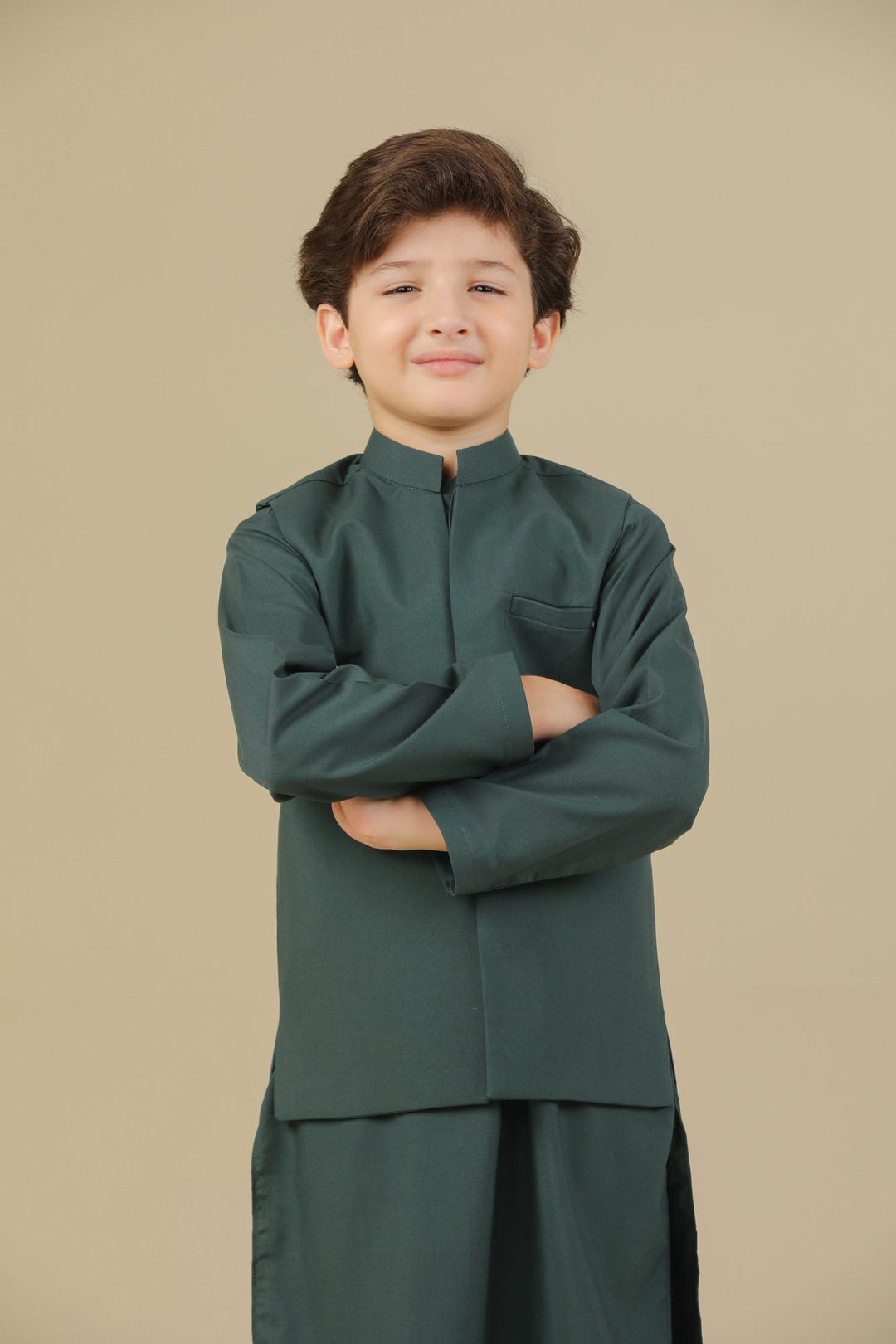 Muraqsh Ready To Wear Solids Cotton Boys Bottle Green Kurta Trouser with Blended Waistcoat MUR-BGKTW - Summer Collection
