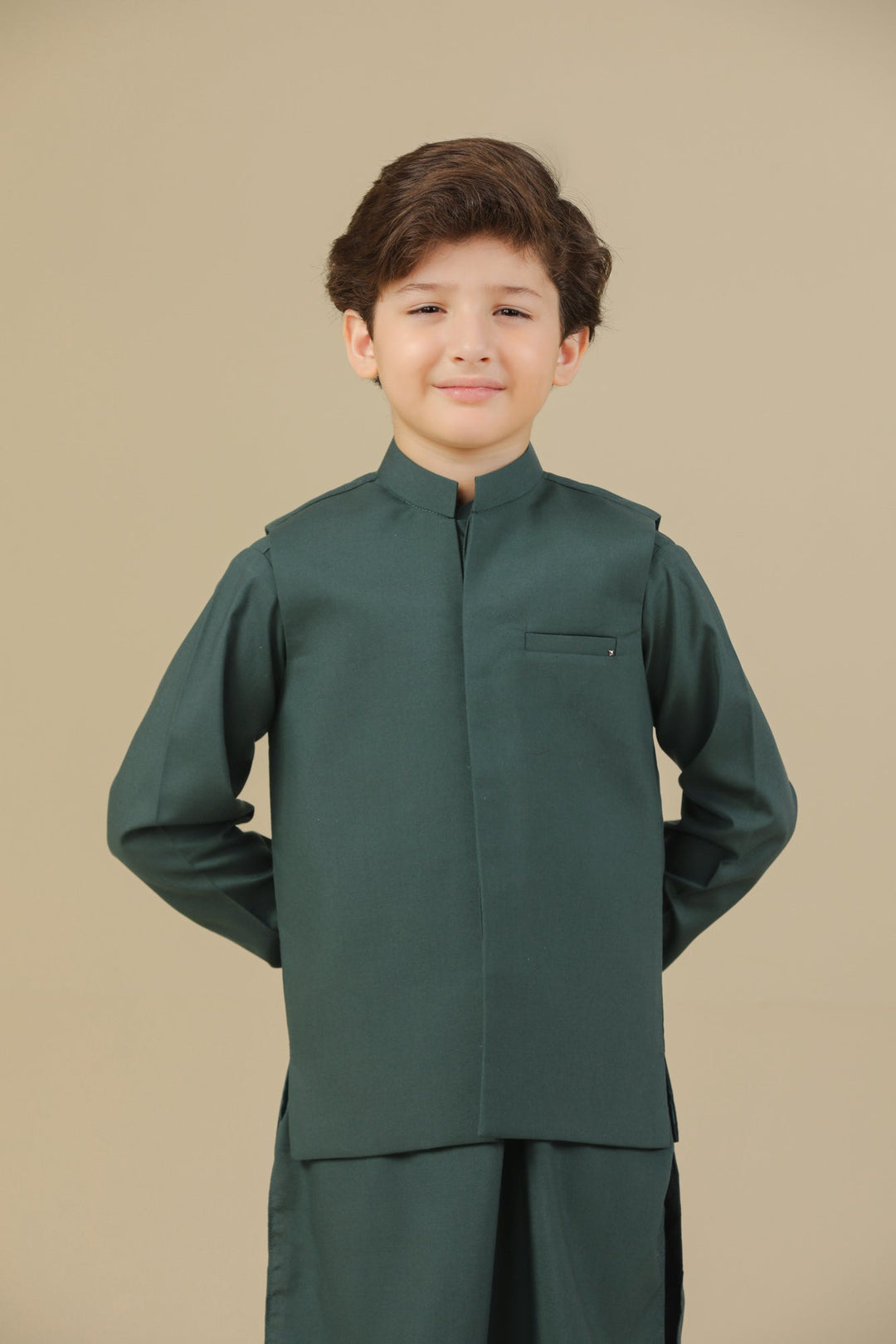 Muraqsh Ready To Wear Solids Cotton Boys Bottle Green Kurta Trouser with Blended Waistcoat MUR-BGKTW - Summer Collection
