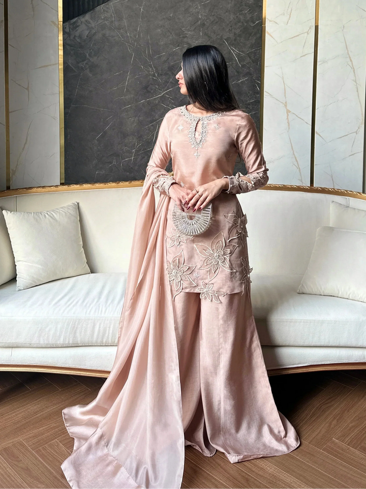 Scherezade Women RTW Embroidered Sheesha Silk 3 Piece Suit VANILLA - Festive Collection