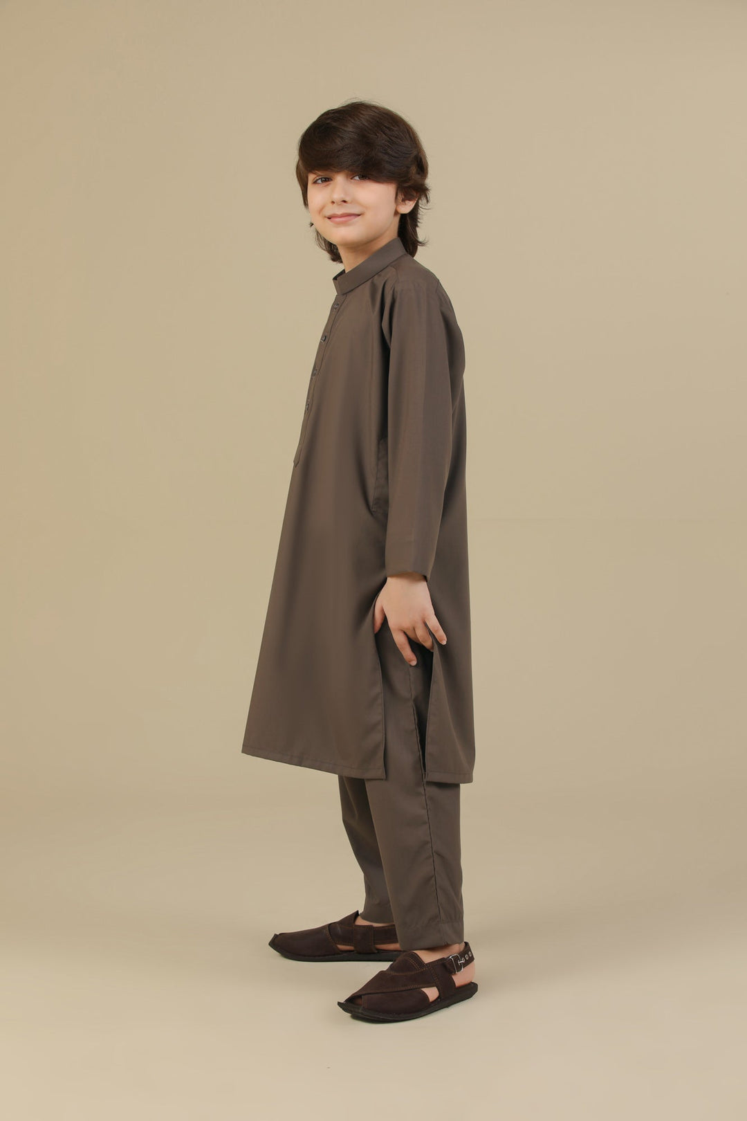 Muraqsh Ready To Wear Solids Cotton Boys Light Brown Blended Kurta Trouser MURBKT - Summer Collection