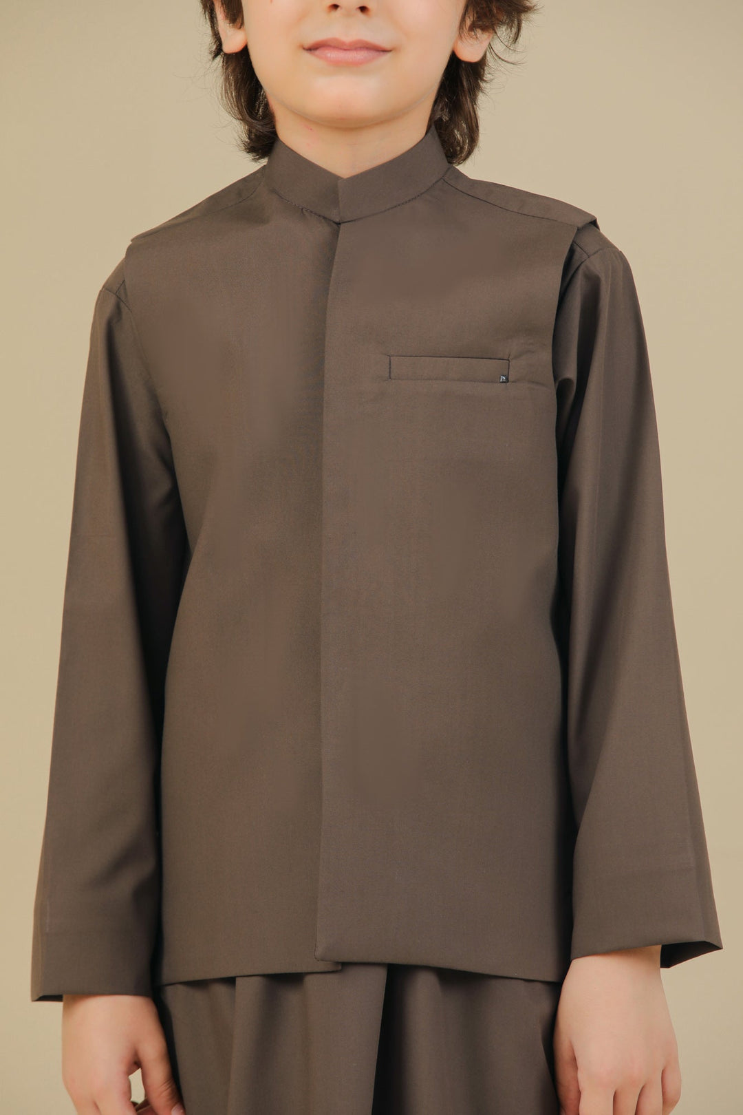 Muraqsh Ready To Wear Solids Cotton Boys Light Brown Kurta Trouser with Blended Waistcoat MURBKTW - Summer Collection