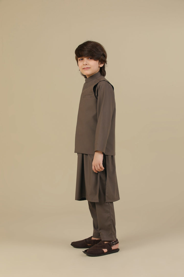 Muraqsh Ready To Wear Solids Cotton Boys Light Brown Kurta Trouser with Blended Waistcoat MURBKTW - Summer Collection